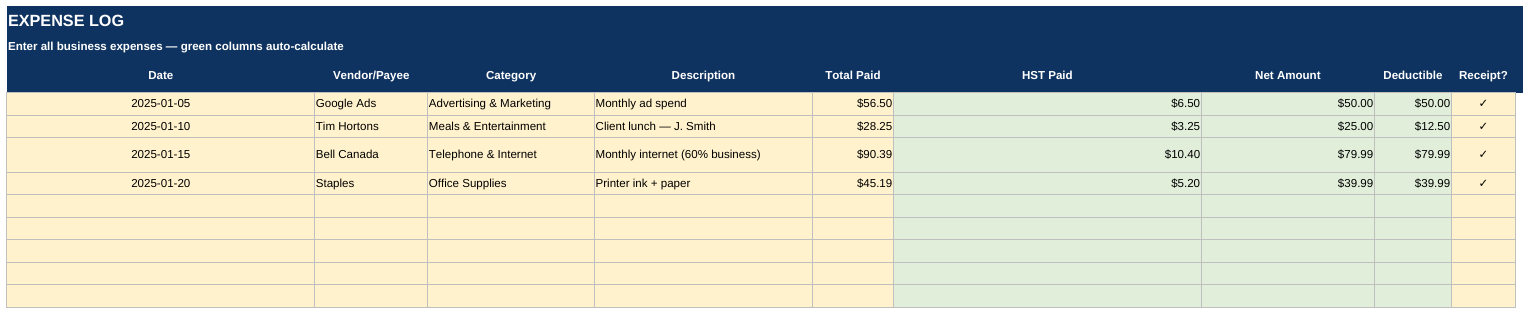 Expense Tracker (Sheet Edition) — the Expense Log tab with sample data, rendered from the live workbook