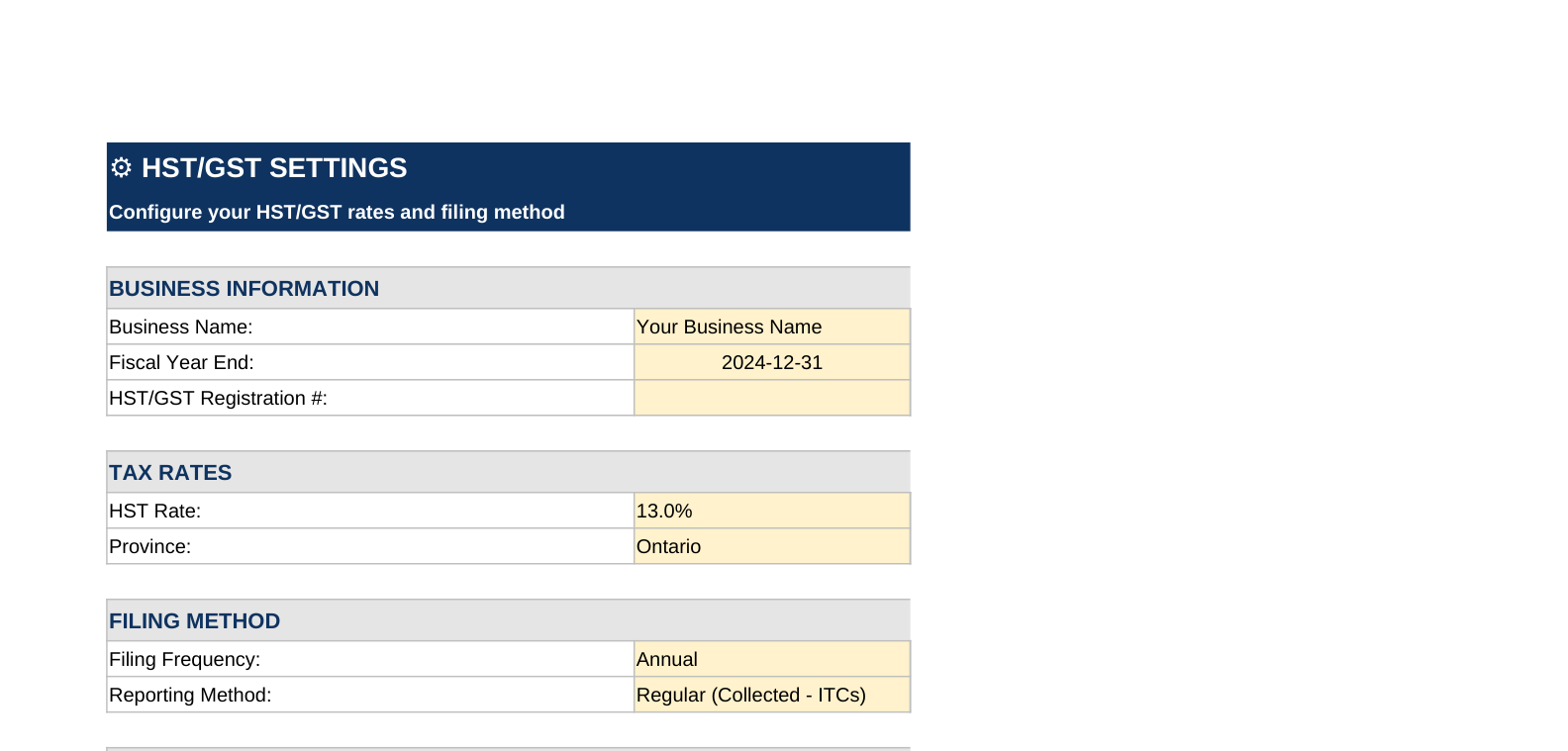 HST/GST Tracker — real screenshot of the v1.1 workbook