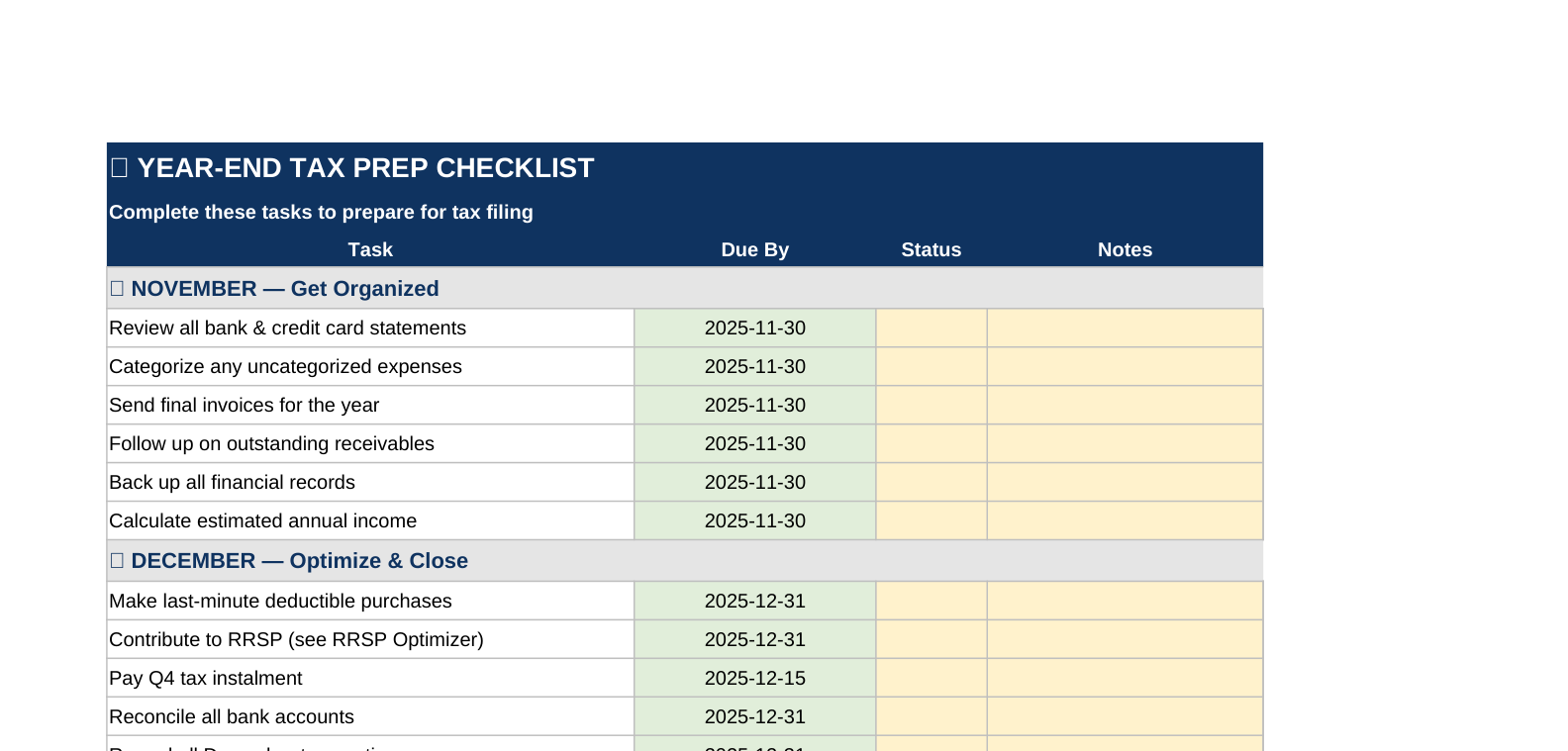 Year-End Tax Kit — real screenshot of the v1.1 workbook
